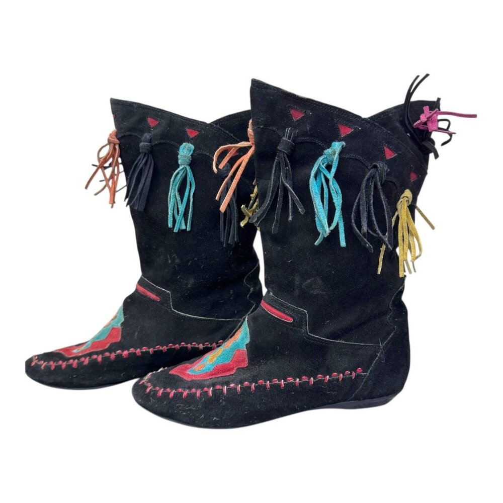 LJ Simone Rare Vintage Sz 7.5 Black Suede Aztec Native Patchwork Southwest Boots